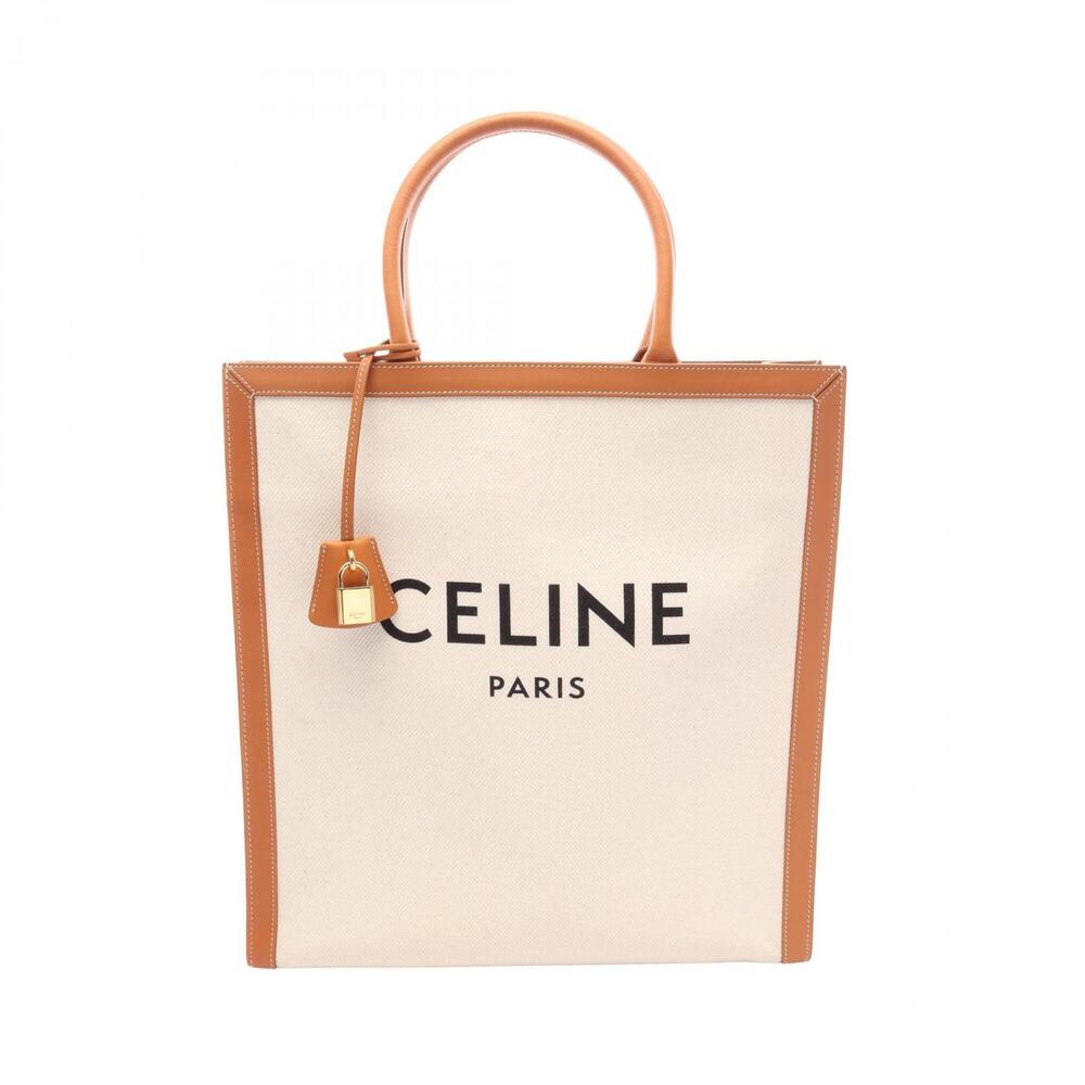 Celine Vertical Cabas Large Tote Bag Handbag Canvas Leather Women's White/Bro...